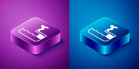 Isometric Swimmer diving into pool icon isolated on blue and purple background. Square button. Vector