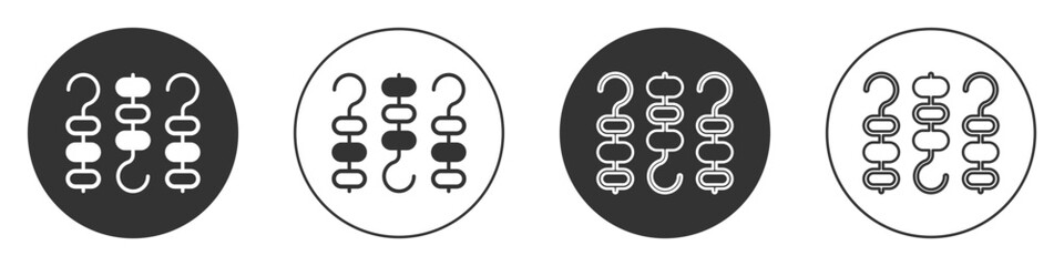 Black Grilled shish kebab on skewer stick icon isolated on white background. Meat kebab on skewer stick. Picnic with grilled meat. Circle button. Vector