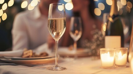 A romantic dinner setting with a couple sharing a bottle of sparkling champagne
