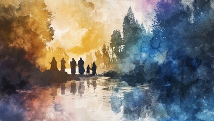 Several people with Christian religion watercolor illustration. Generate AI image - obrazy, fototapety, plakaty