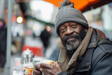 A homeless African American man eats at a street canteen for the poor. - obrazy, fototapety, plakaty