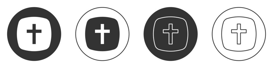 Black Christian cross icon isolated on white background. Church cross. Circle button. Vector