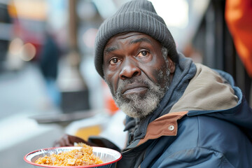 A homeless African American man eats at a street canteen for the poor. - obrazy, fototapety, plakaty