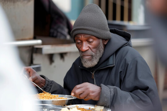 A homeless African American man eats at a street canteen for the poor.