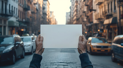 People person hands holding showing blank white empty paper board banner card billboard note board sign on street for text advertising message, protest concept - obrazy, fototapety, plakaty