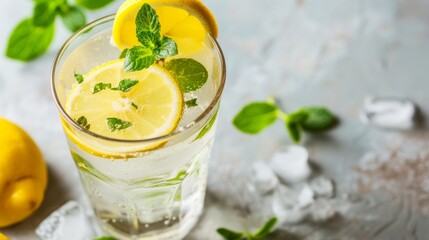 A refreshing glass of lemonade garnished with a slice of lemon and sprigs of fresh mint - obrazy, fototapety, plakaty