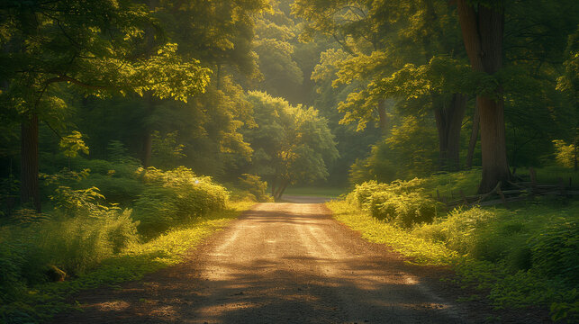 Road in autumn forest, A dirt road in the middle of a forest with sunbeams shining through the trees on either side of the road is a dirt road with grass and trees, Ai generated image