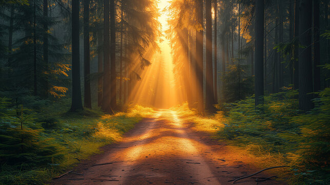 Sun rays in the woods, A dirt road in the middle of a forest with sunbeams shining through the trees on either side of the road is a dirt road with grass and trees, Ai generated image
