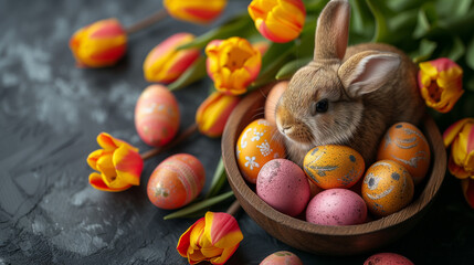 Fototapeta na wymiar easter eggs in a basket, easter eggs and tulips, Easter decorations concept. Top view photo of colorful easter eggs in wooden holder ceramic easter bunny yellow and pink tulips on isolated , Ai 