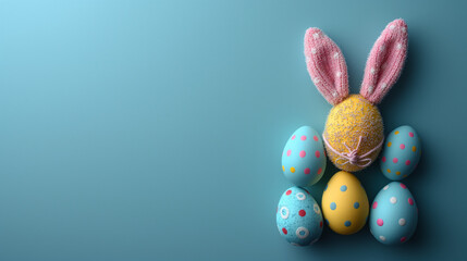 Easter eggs and bunny, Easter party concept. Top view photo of easter bunny ears white pink blue and yellow eggs on isolated pastel blue background, Ai generated image