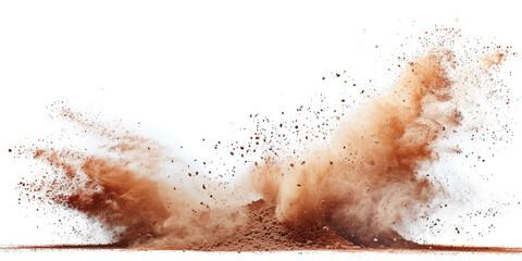a brown splash painting on white background, brown  powder dust paint  beige brown explosion explode burst isolated splatter abstract. brown smoke or fog  particles explosive special effect