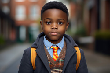 Picture of cute adorable clever pupil schoolboy on street in autumn day generative ai concept