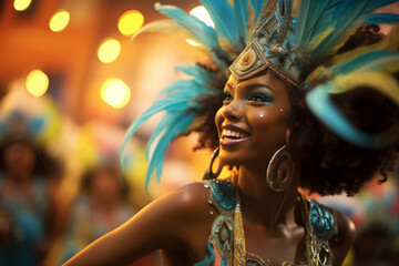 A young woman gracefully dances in her feathered carnival outfit