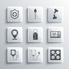 Set Stethoscope, Pills in blister pack, Monitor with cardiogram, Eye drop bottle, IV bag, Location cross hospital, Life insurance hand and Human broken bone icon. Vector