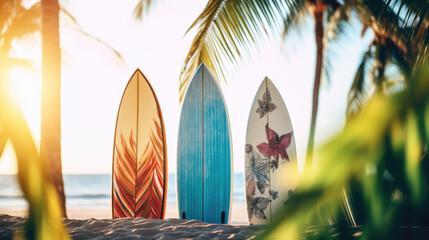 Surfboards on the beach. Blurred sea background with palm trees