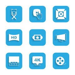 Set Cinema ticket, 4k Ultra HD, Film reel, Megaphone, auditorium with screen, Hd movie, tape, frame, Movie spotlight and Director chair icon. Vector