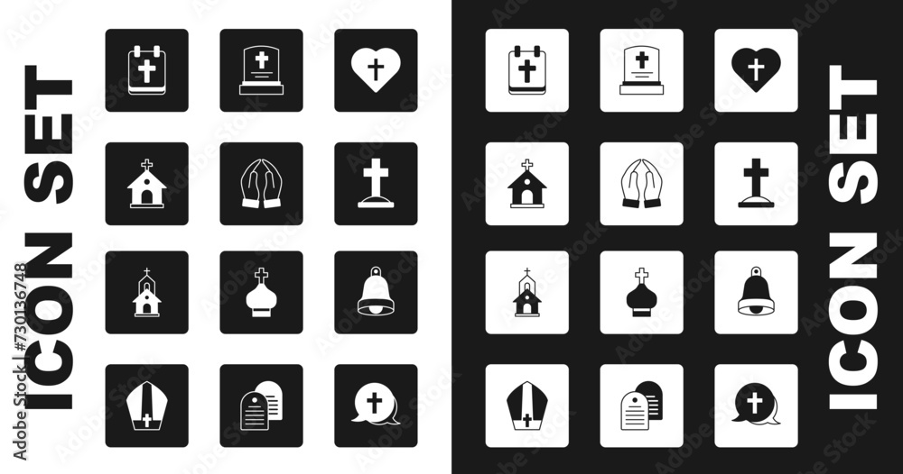 Sticker Set Christian cross in heart, Hands praying position, Church building, Calendar with Easter, Grave, tombstone, bell and icon. Vector