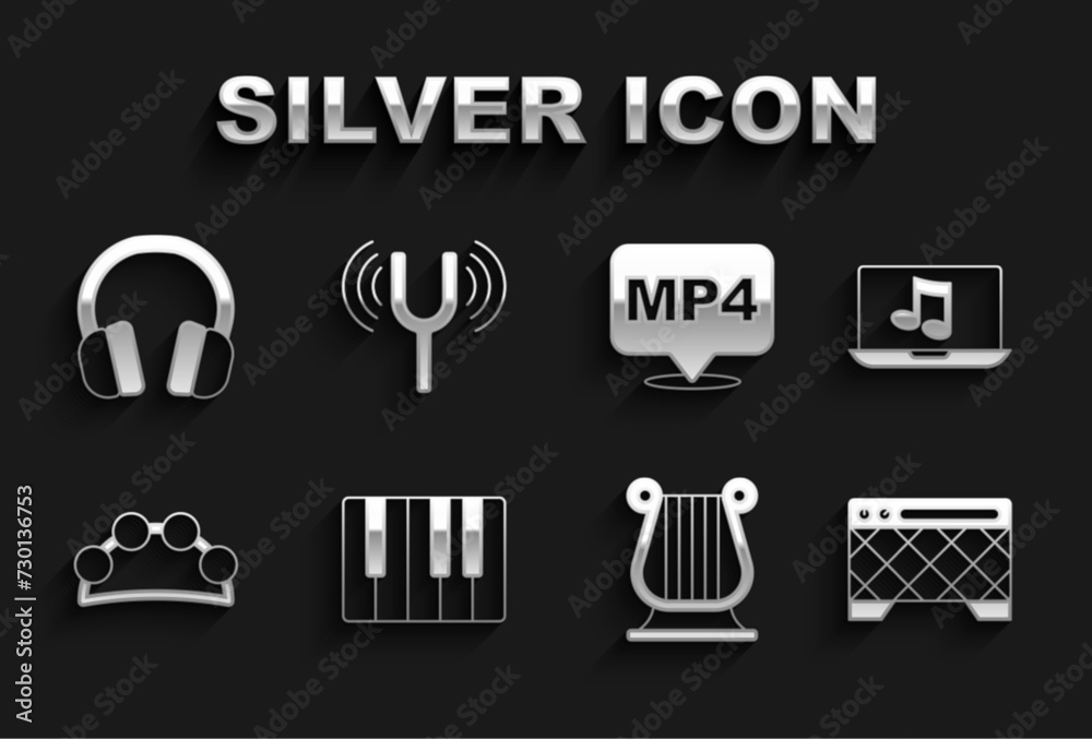 Sticker Set Music synthesizer, Laptop with music, Guitar amplifier, Ancient Greek lyre, Tambourine, MP4 file document, Headphones and Musical tuning fork icon. Vector