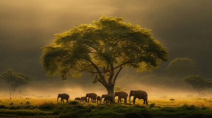 Fototapeta na wymiar Illustration of Elephants Foraging for Food in Their African Habitat