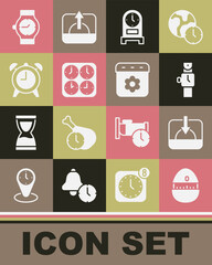 Set Kitchen timer, Sunset, Wrist watch, Antique clock, Time zone clocks, Alarm, and Calendar spring icon. Vector