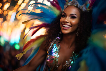 A beautiful woman dances with a smile in a carnival costume adorned with feathers