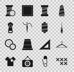 Set Adjustable embroidery hoop, Hanger wardrobe, Awl tool, Sewing thread, Needle for sewing with, Zipper, and button and icon. Vector