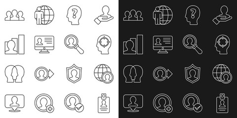 Set line Identification badge, Globe and people, Head hunting, with question mark, Monitor resume, Productive human, Users group and Magnifying glass for search icon. Vector