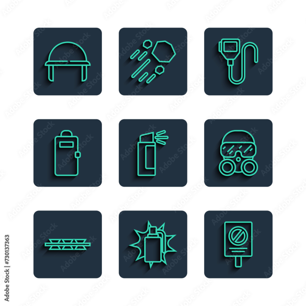 Sticker Set line Barbed wire, Hand grenade, Protest, Walkie talkie, Pepper spray, Police assault shield, Military helmet and Gas mask icon. Vector