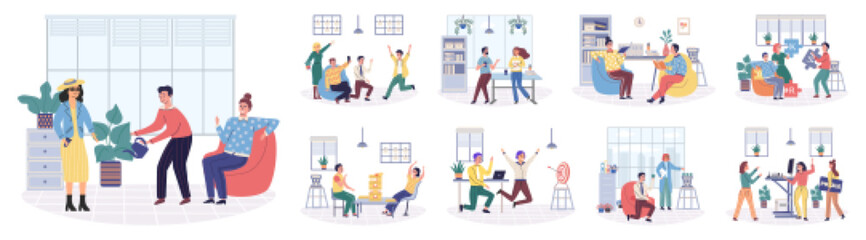 Office rest vector illustration. Engaging in recreational activities during office rest breaks enhances employee morale and happiness The office can be place tranquility and amusement, providing break - obrazy, fototapety, plakaty