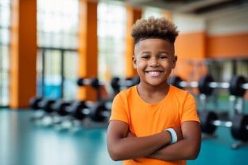 Fitness, gym and happy african american child boy personal trainer ready for workout coaching