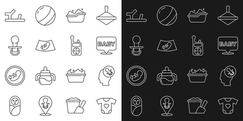 Set line Baby clothes, dummy pacifier, bathtub, Ultrasound of baby, shoes and Monitor Walkie Talkie icon. Vector