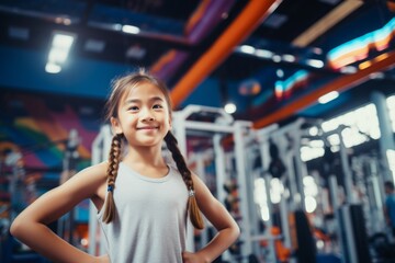 Fitness, gym and happy asian child girl personal trainer ready for workout coaching