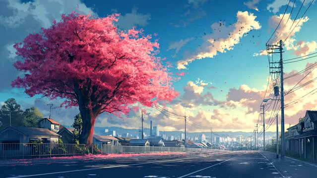 Spring is coming, the city during spring and beautiful cherry blossom trees decorate the city street. seamless looping 4k time-lapse animation video background