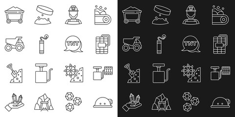 Set line Miner helmet, Handle detonator, Dynamite, Mining dump truck, coal trolley and icon. Vector © Kostiantyn