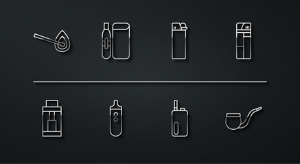 Set line Burning match with fire, Vape mod device, Lighter, Electronic cigarette, No pipe smoking and icon. Vector
