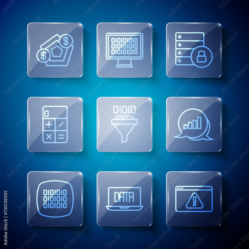 Poster set line binary code, data analysis, browser with exclamation mark, server security padlock, calcula