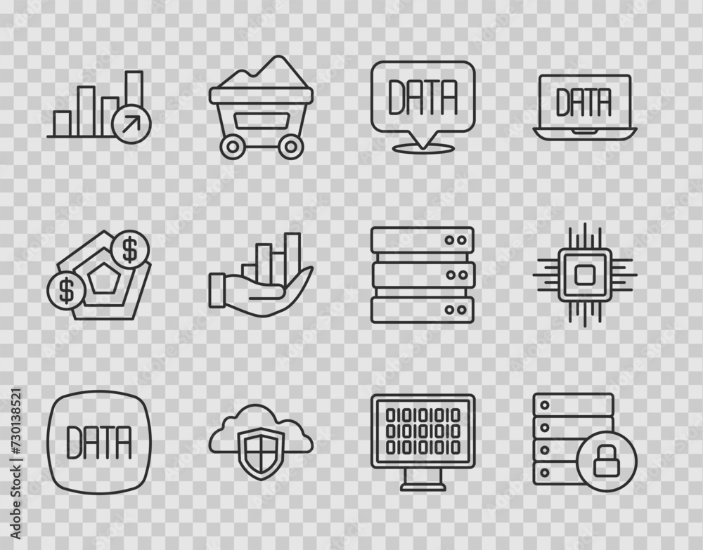 Poster set line data analysis, server security with padlock, cloud and shield, financial growth, pie chart 