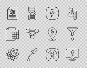 Set line Atom, Lightning bolt, Pipette, Chemistry report, Molecule, Radioactive and Funnel filter icon. Vector