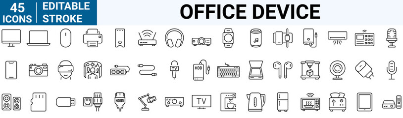 Office device line web icons. PC, such as RAM memory, hdd, ssd cpu processor. Keyboard mouse headphone speakers, laptop monitor server. Webcam, printer. Editable stroke.