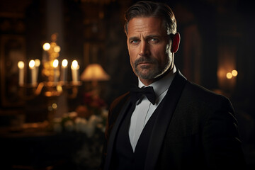 Creative graphics generative ai collage illustration of handsome guy person in elegant outfit celebrate vip party