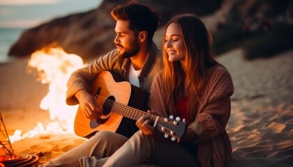 Young man is playing the guitar to his beautiful woman
