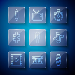 Set line Play Video, Music synthesizer, Sewing thread on spool, Stopwatch, Ice cream, Piece of puzzle, Rolling pin and note, tone icon. Vector
