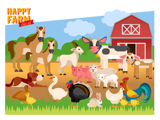 Happy farm. Animals in the background of a red barn. Illustration for children