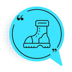 Black line Waterproof rubber boot icon isolated on white background. Gumboots for rainy weather, fishing, gardening. Blue speech bubble symbol. Vector