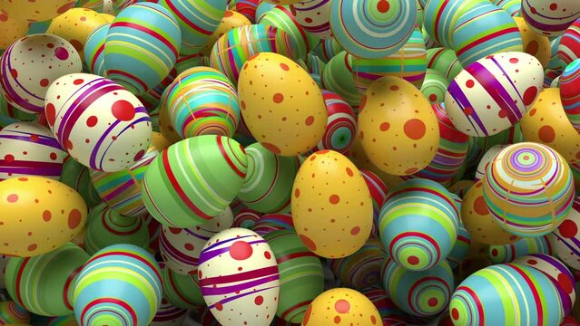Easter eggs cascading down the screen, covering it in vibrant colors before falling away, perfect for transitions or backgrounds.