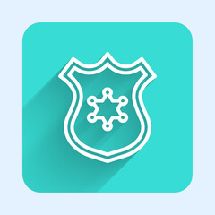 White line Police badge icon isolated with long shadow background. Sheriff badge sign. Green square button. Vector