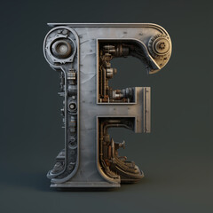 silver metal font number F, alphabet of printed circuit boards capital letter F, 3d render of a alphabet, 3d render of letter F, Ai generated image