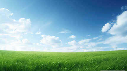 Fototapeta na wymiar Green field and blue sky with white clouds.