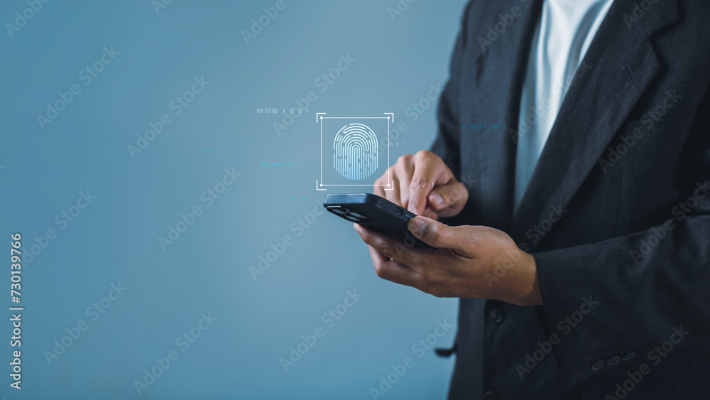 Leinwandbilder Cyber security network and data protection concept. Businessman using fingerprints to access business information, biometric identification and  digital cybercrime anti-crime technology innovation.