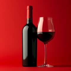 Bottle and glass of red wine on a red background ai technology